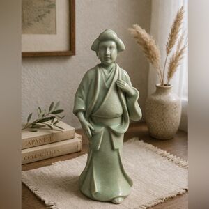 Vintage Toyo Japan Celadon Geisha Figurine Crackle Glaze Asian Decor Statue